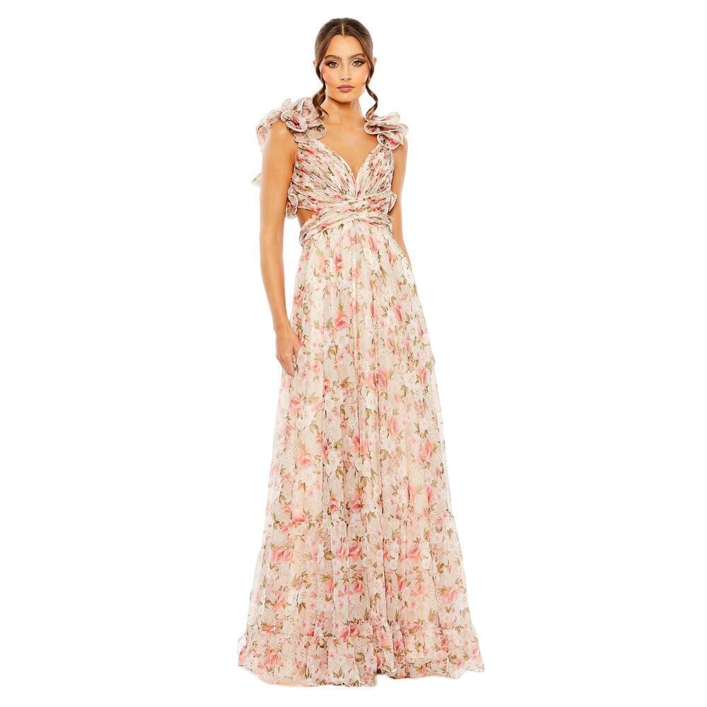 Mac Duggal 68519 Long Formal Chiffon Floral Dress Floral Multicolor Size 6 NWT